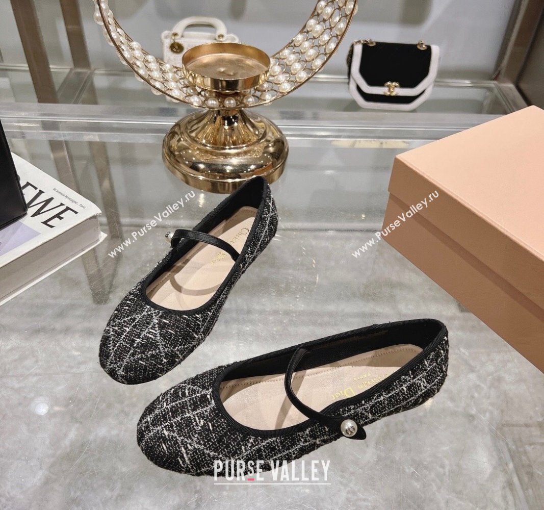 Dior Mary Janes Ballet Flats in Black and White Cannage Tweed with Pearl 2024 081401 (MD-240814043)