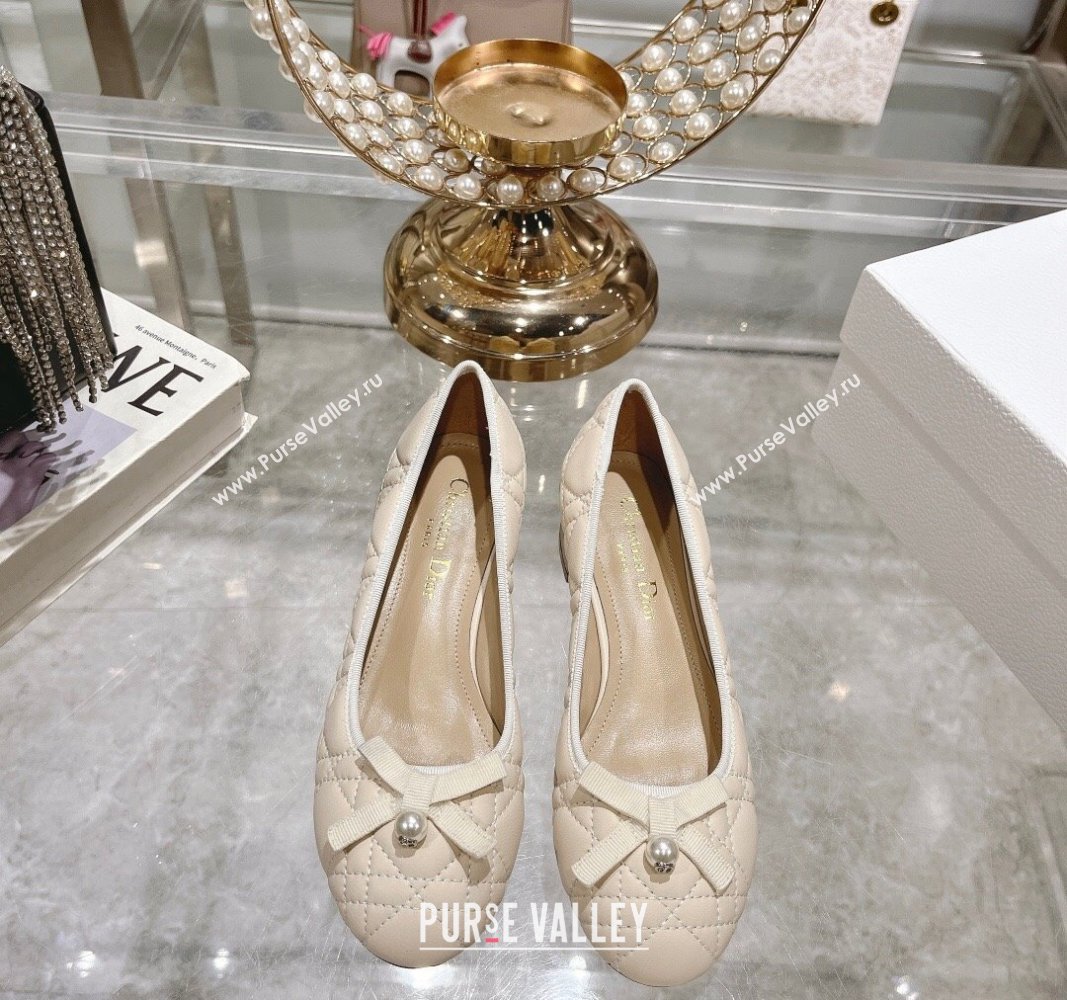 Dior Ballet Pumps 5cm in Quilted Cannage Calfskin with Pearl Bow Light Beige 2024 0814 (MD-240814045)