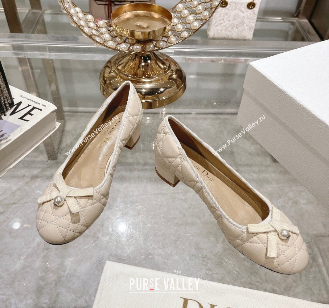 Dior Ballet Pumps 5cm in Quilted Cannage Calfskin with Pearl Bow Light Beige 2024 0814 (MD-240814045)