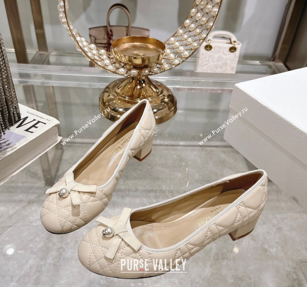 Dior Ballet Pumps 5cm in Quilted Cannage Calfskin with Pearl Bow Light Beige 2024 0814 (MD-240814045)