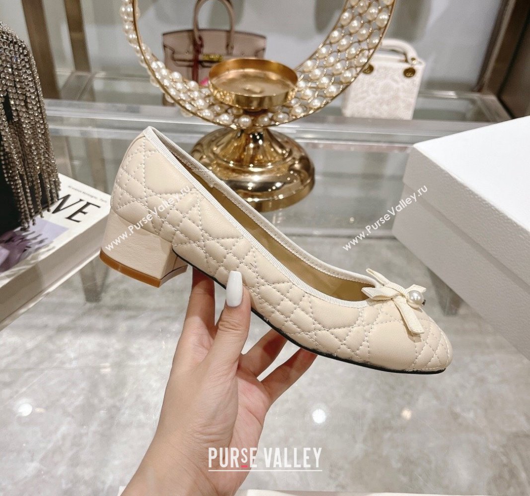 Dior Ballet Pumps 5cm in Quilted Cannage Calfskin with Pearl Bow Light Beige 2024 0814 (MD-240814045)