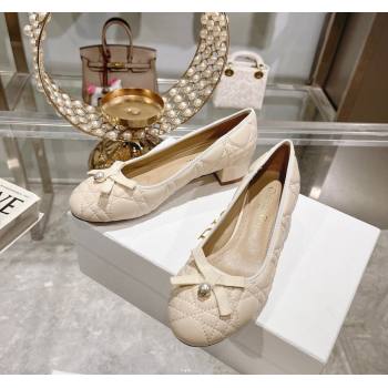 Dior Ballet Pumps 5cm in Quilted Cannage Calfskin with Pearl Bow Light Beige 2024 0814 (MD-240814045)