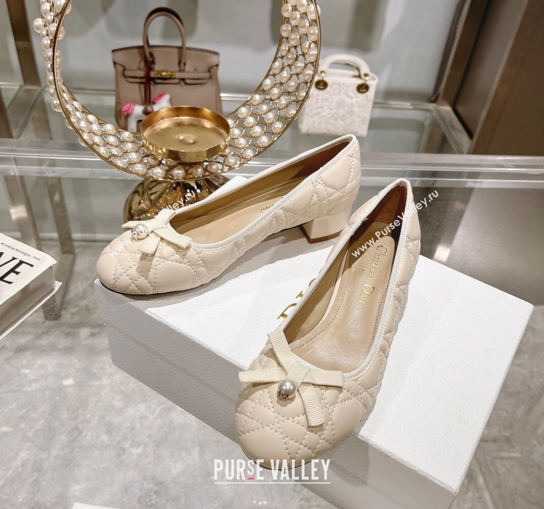 Dior Ballet Pumps 5cm in Quilted Cannage Calfskin with Pearl Bow Light Beige 2024 0814 (MD-240814045)