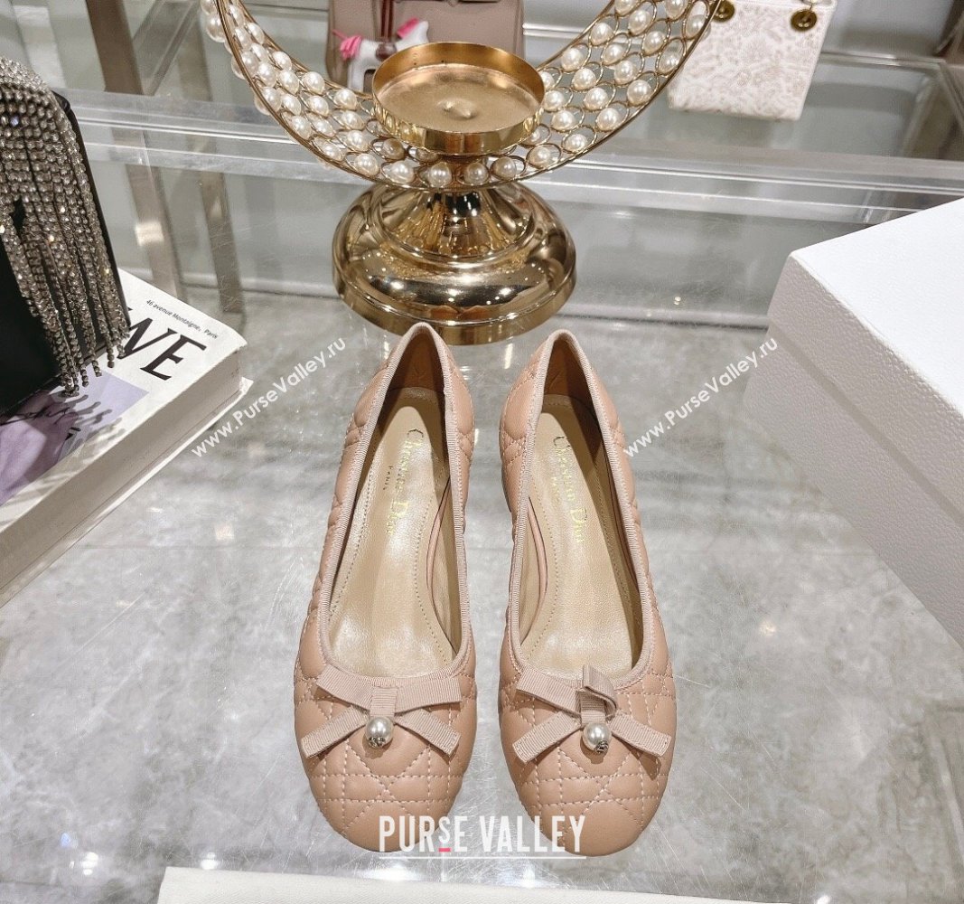 Dior Ballet Pumps 5cm in Quilted Cannage Calfskin with Pearl Bow Rose Beige 2024 0814 (MD-240814046)