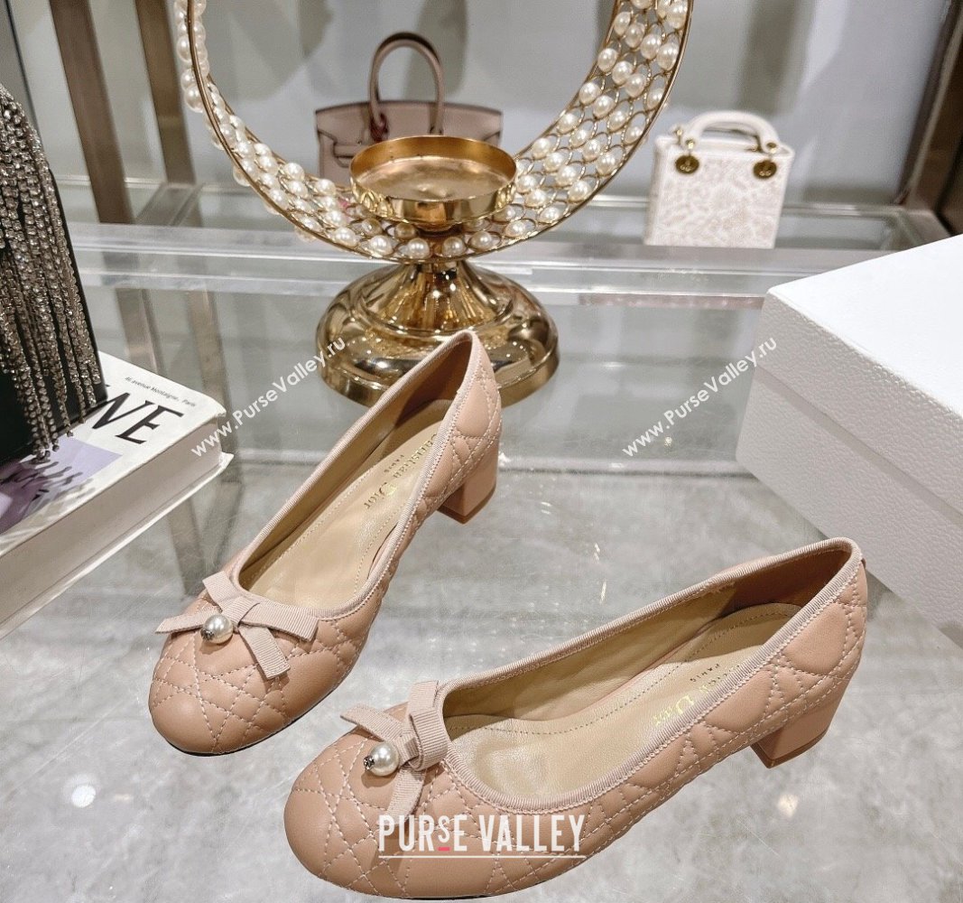 Dior Ballet Pumps 5cm in Quilted Cannage Calfskin with Pearl Bow Rose Beige 2024 0814 (MD-240814046)