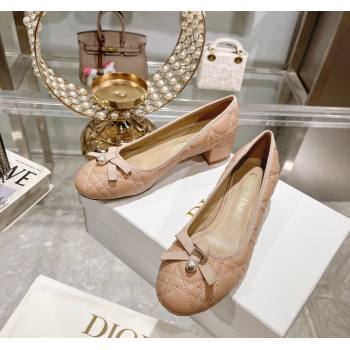 Dior Ballet Pumps 5cm in Quilted Cannage Calfskin with Pearl Bow Rose Beige 2024 0814 (MD-240814046)