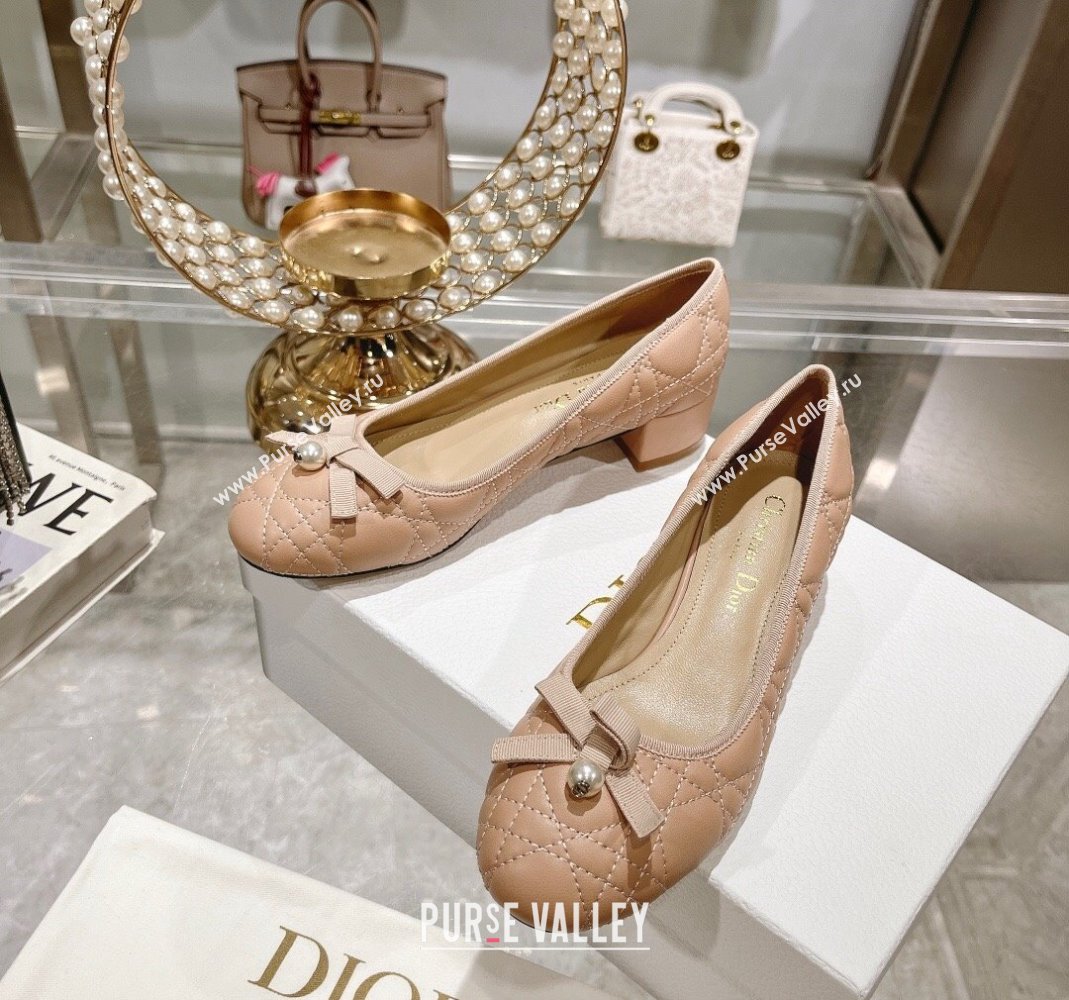 Dior Ballet Pumps 5cm in Quilted Cannage Calfskin with Pearl Bow Rose Beige 2024 0814 (MD-240814046)