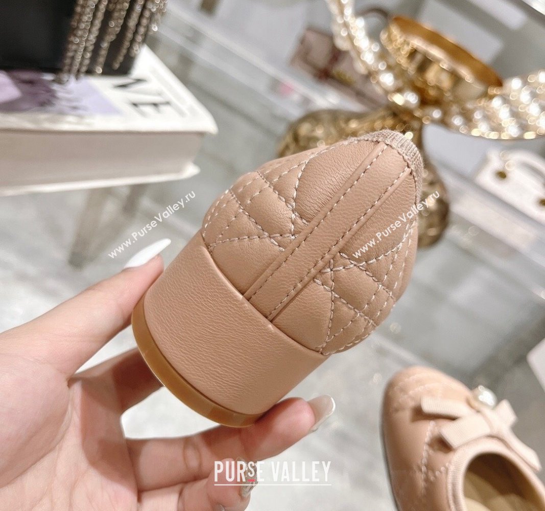 Dior Ballet Pumps 5cm in Quilted Cannage Calfskin with Pearl Bow Rose Beige 2024 0814 (MD-240814046)