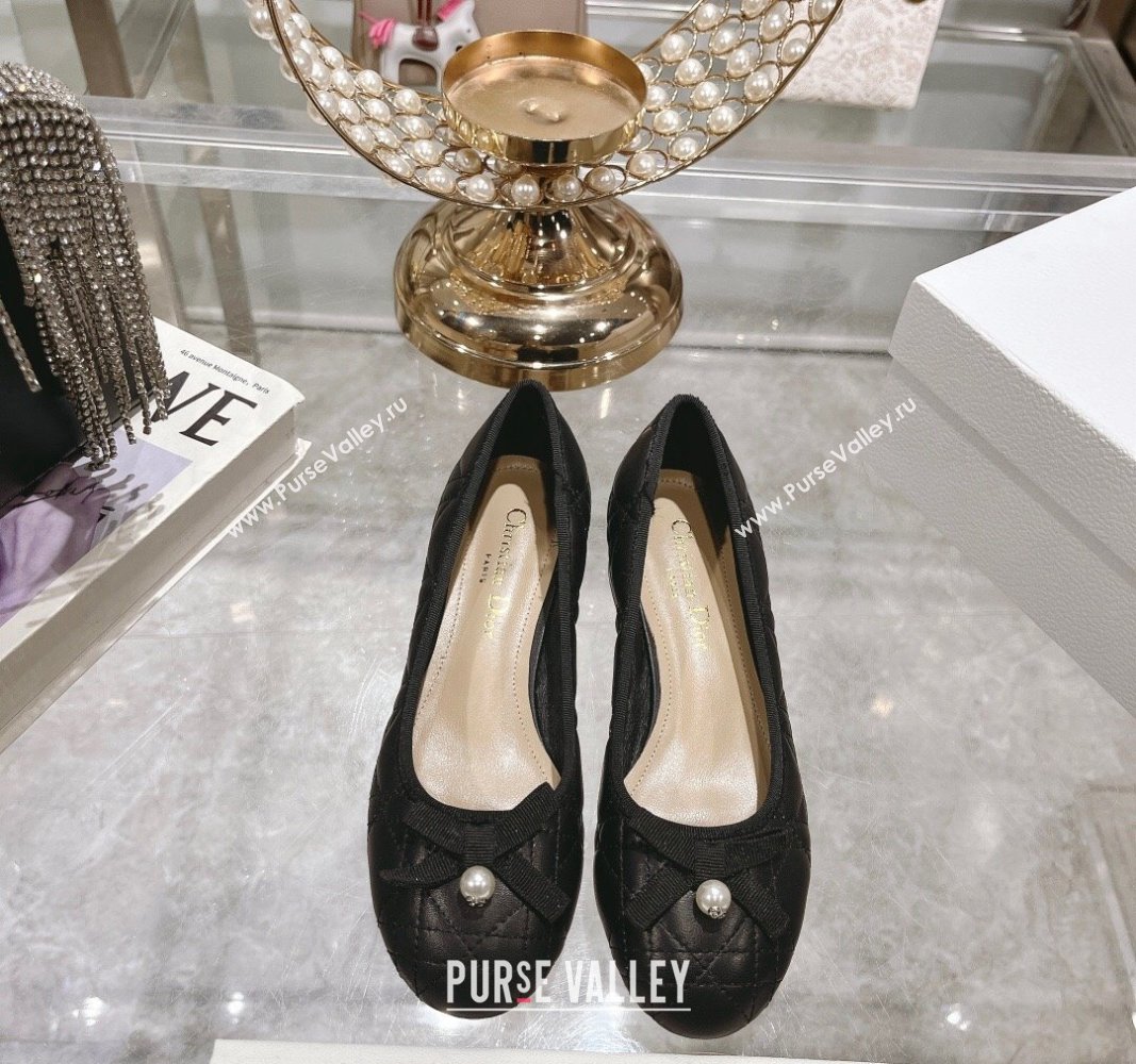 Dior Ballet Pumps 5cm in Quilted Cannage Calfskin with Pearl Bow Black 2024 0814 (MD-240814047)