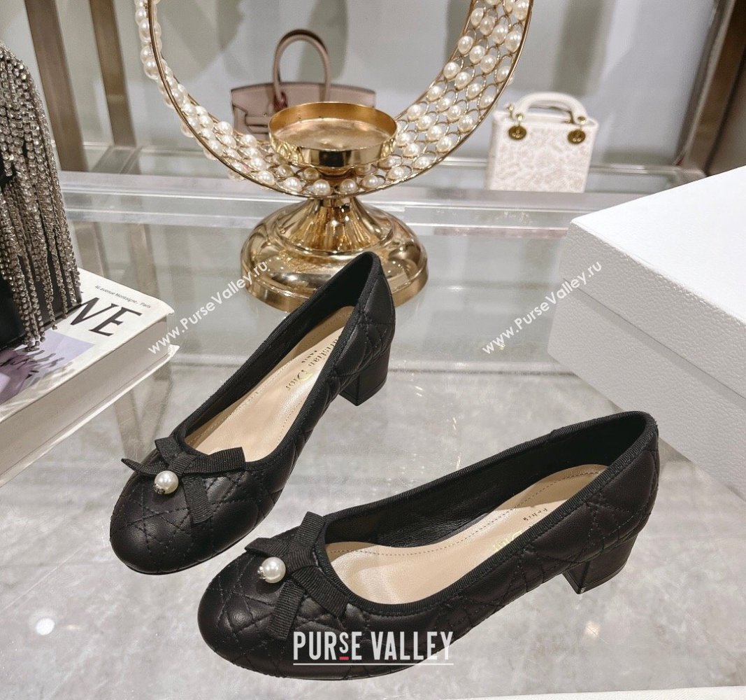 Dior Ballet Pumps 5cm in Quilted Cannage Calfskin with Pearl Bow Black 2024 0814 (MD-240814047)