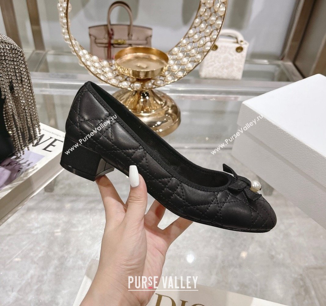 Dior Ballet Pumps 5cm in Quilted Cannage Calfskin with Pearl Bow Black 2024 0814 (MD-240814047)