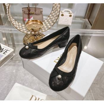 Dior Ballet Pumps 5cm in Quilted Cannage Calfskin with Pearl Bow Black 2024 0814 (MD-240814047)