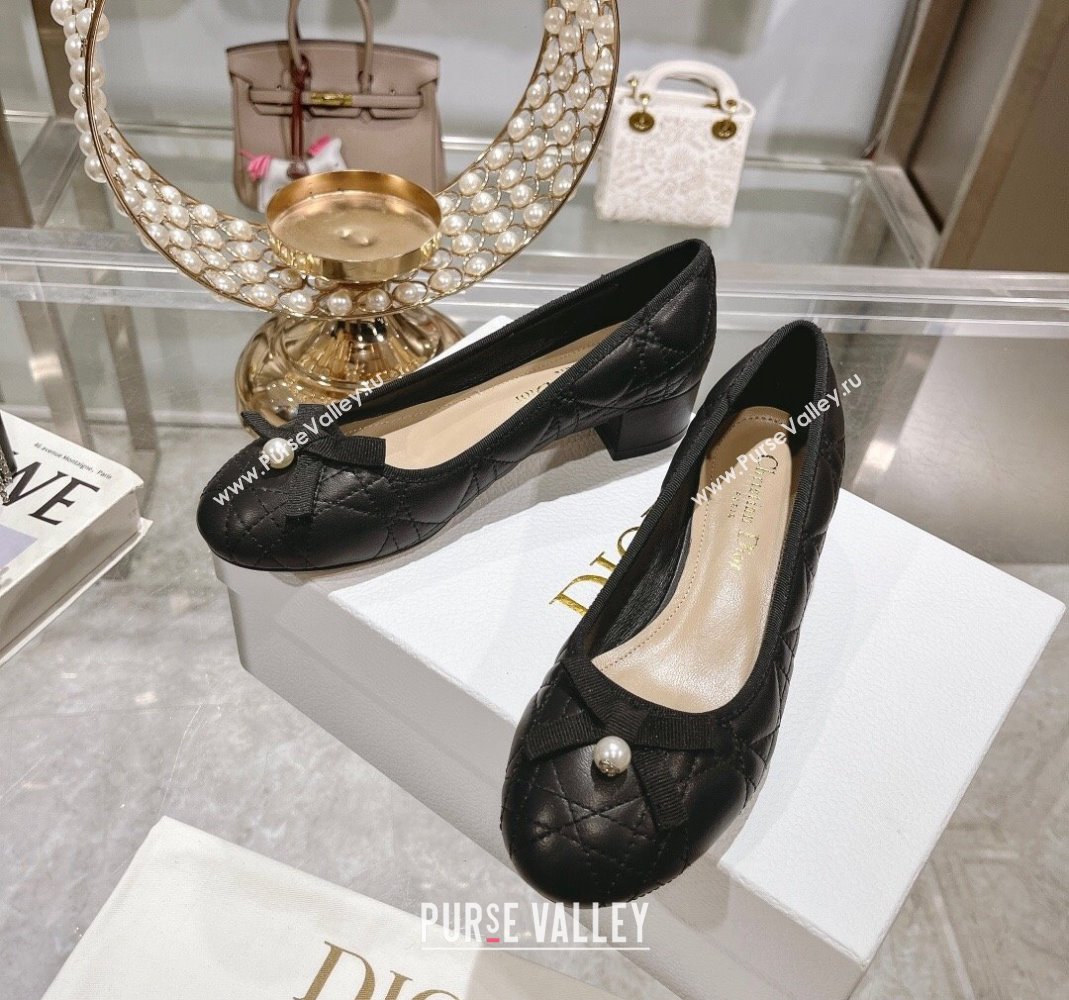 Dior Ballet Pumps 5cm in Quilted Cannage Calfskin with Pearl Bow Black 2024 0814 (MD-240814047)