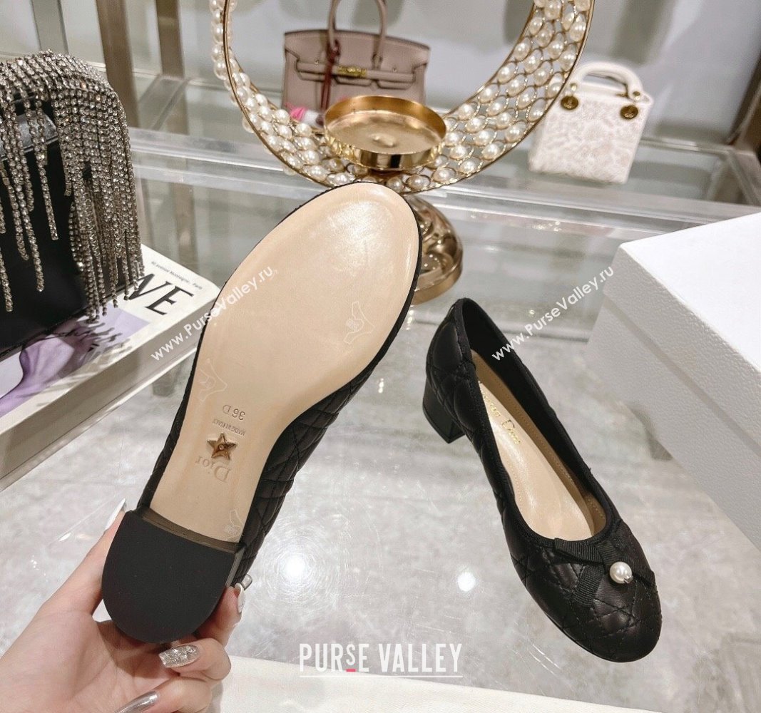 Dior Ballet Pumps 5cm in Quilted Cannage Calfskin with Pearl Bow Black 2024 0814 (MD-240814047)