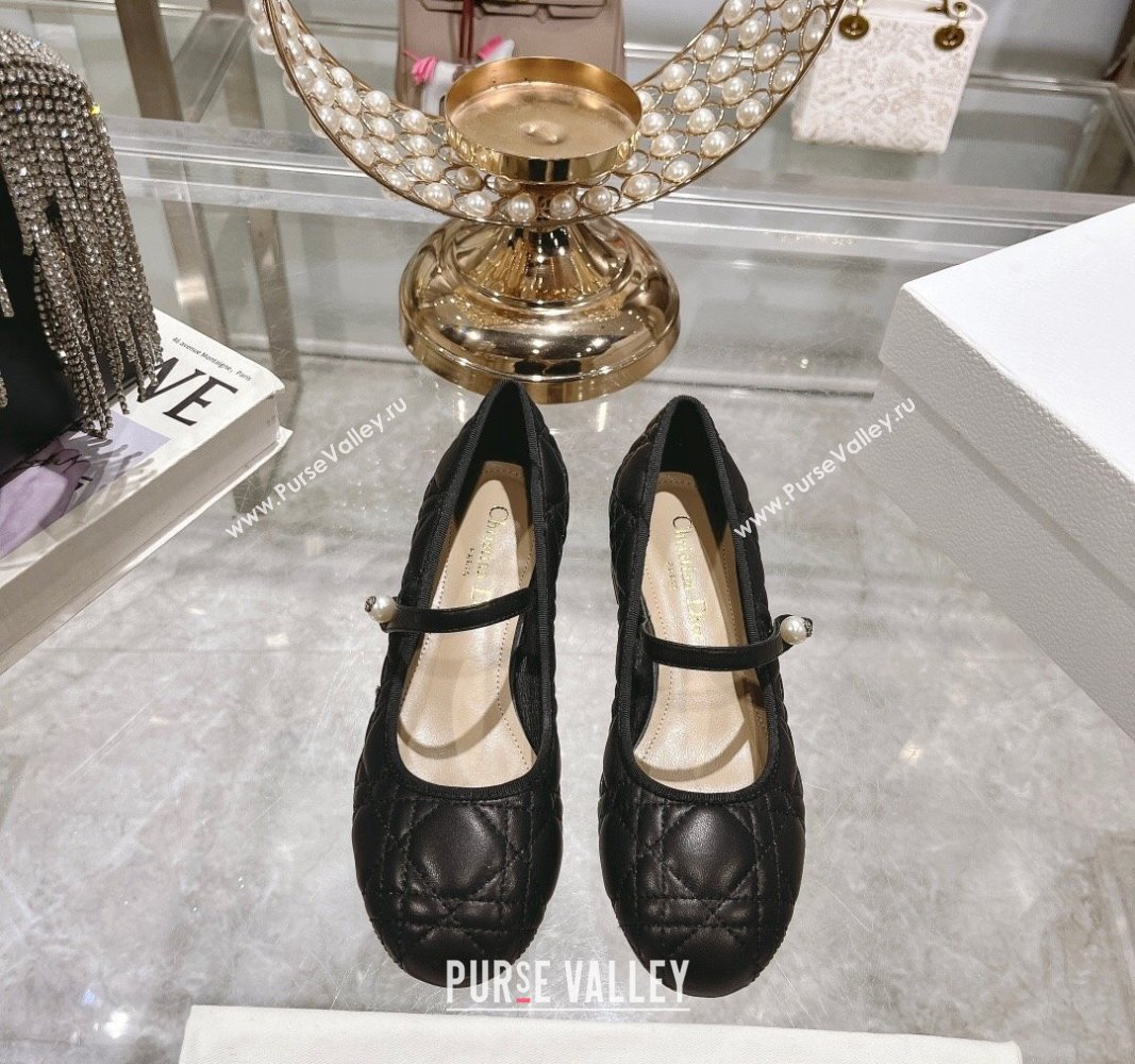 Dior Mary Janes Ballet Pumps 5cm in Quilted Cannage Calfskin with Pearl Black 2024 0814 (MD-240814048)