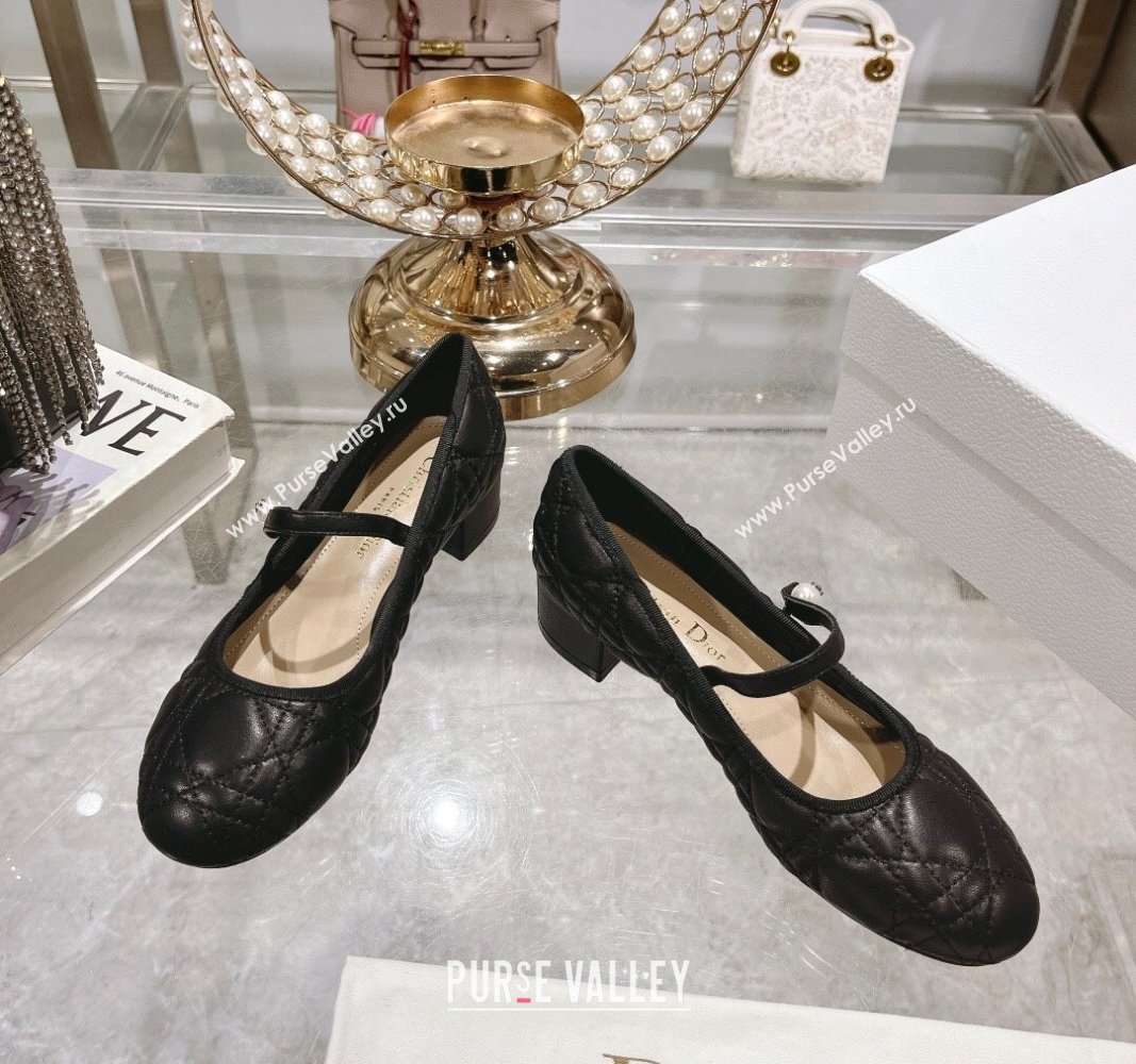 Dior Mary Janes Ballet Pumps 5cm in Quilted Cannage Calfskin with Pearl Black 2024 0814 (MD-240814048)