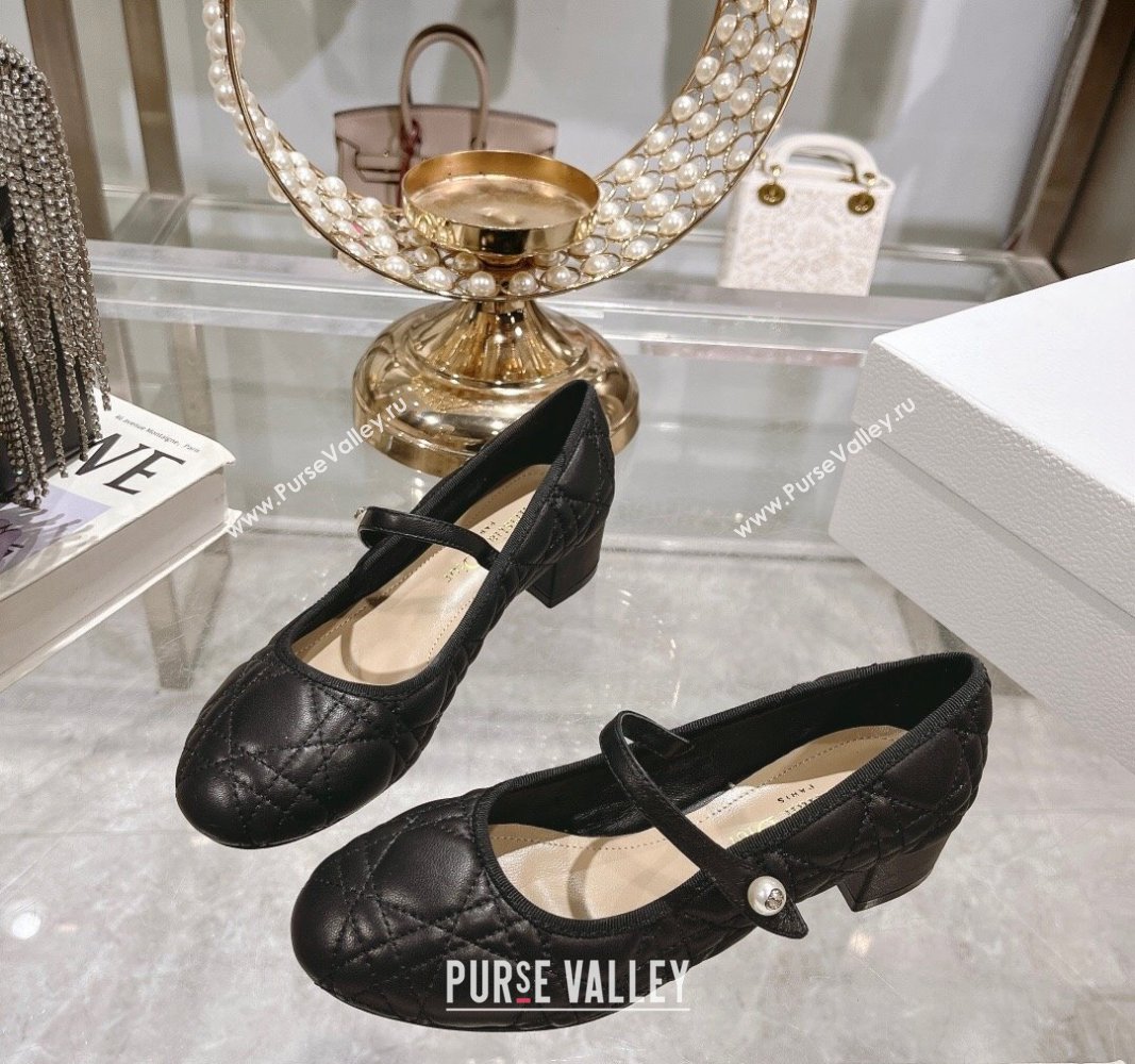 Dior Mary Janes Ballet Pumps 5cm in Quilted Cannage Calfskin with Pearl Black 2024 0814 (MD-240814048)