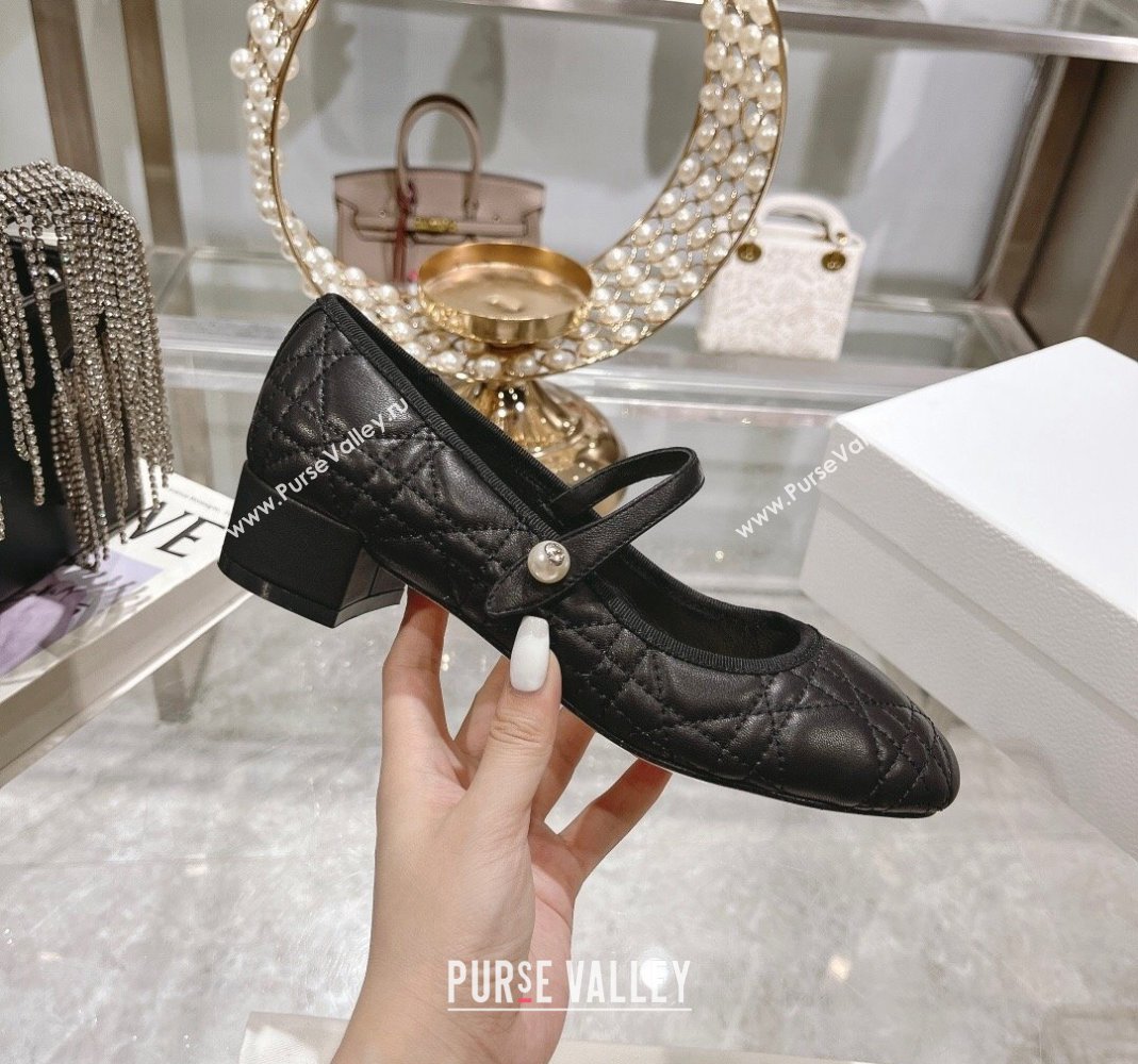 Dior Mary Janes Ballet Pumps 5cm in Quilted Cannage Calfskin with Pearl Black 2024 0814 (MD-240814048)