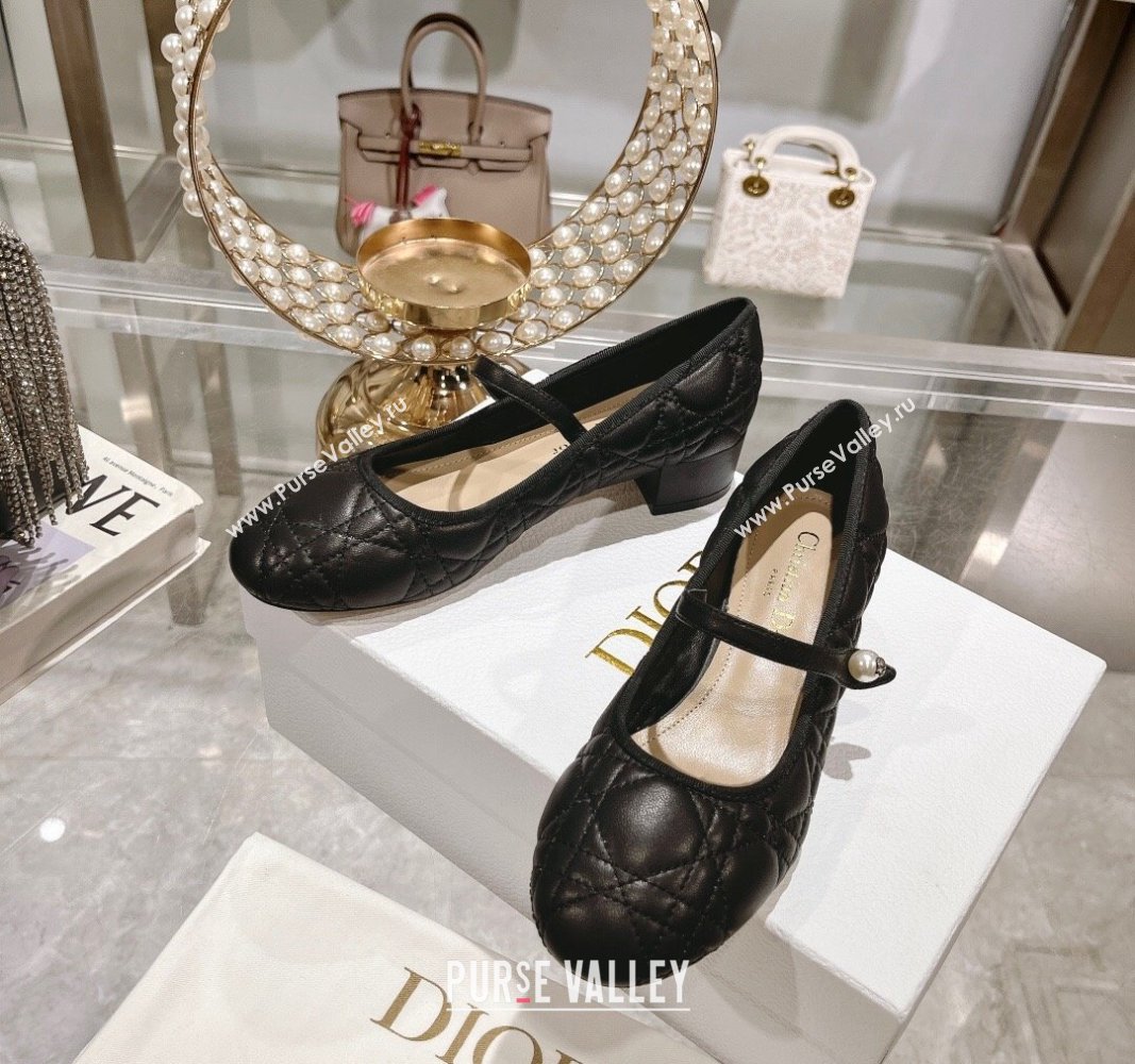 Dior Mary Janes Ballet Pumps 5cm in Quilted Cannage Calfskin with Pearl Black 2024 0814 (MD-240814048)