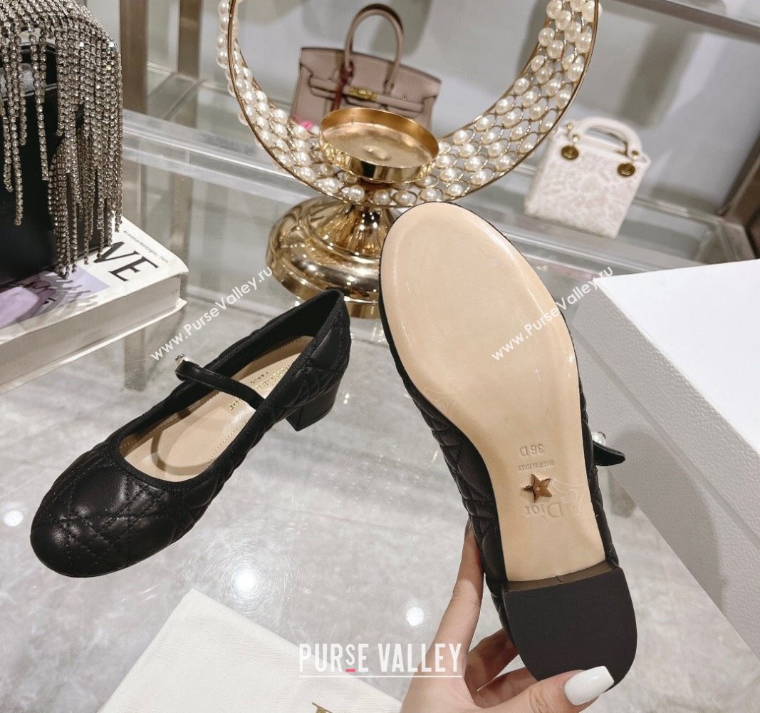 Dior Mary Janes Ballet Pumps 5cm in Quilted Cannage Calfskin with Pearl Black 2024 0814 (MD-240814048)