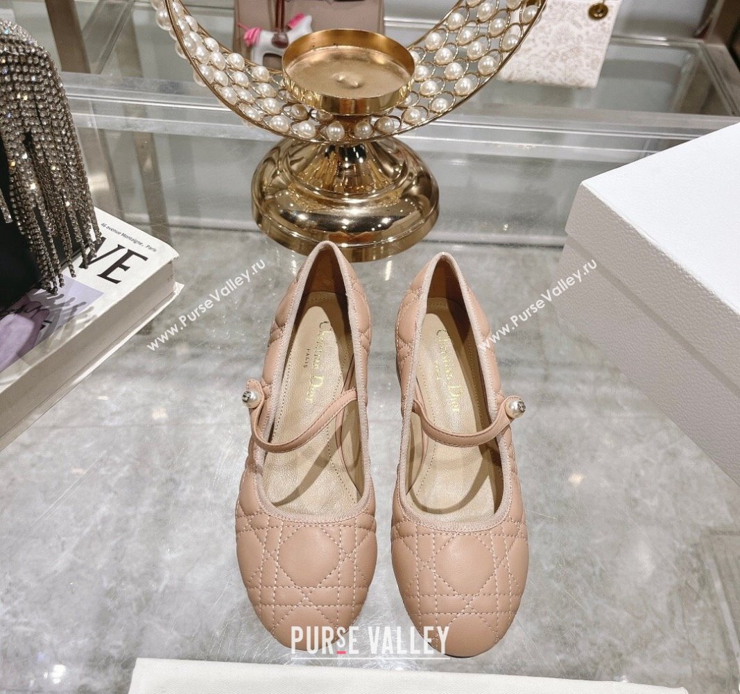 Dior Mary Janes Ballet Pumps 5cm in Quilted Cannage Calfskin with Pearl Rose Beige 2024 0814 (MD-240814049)