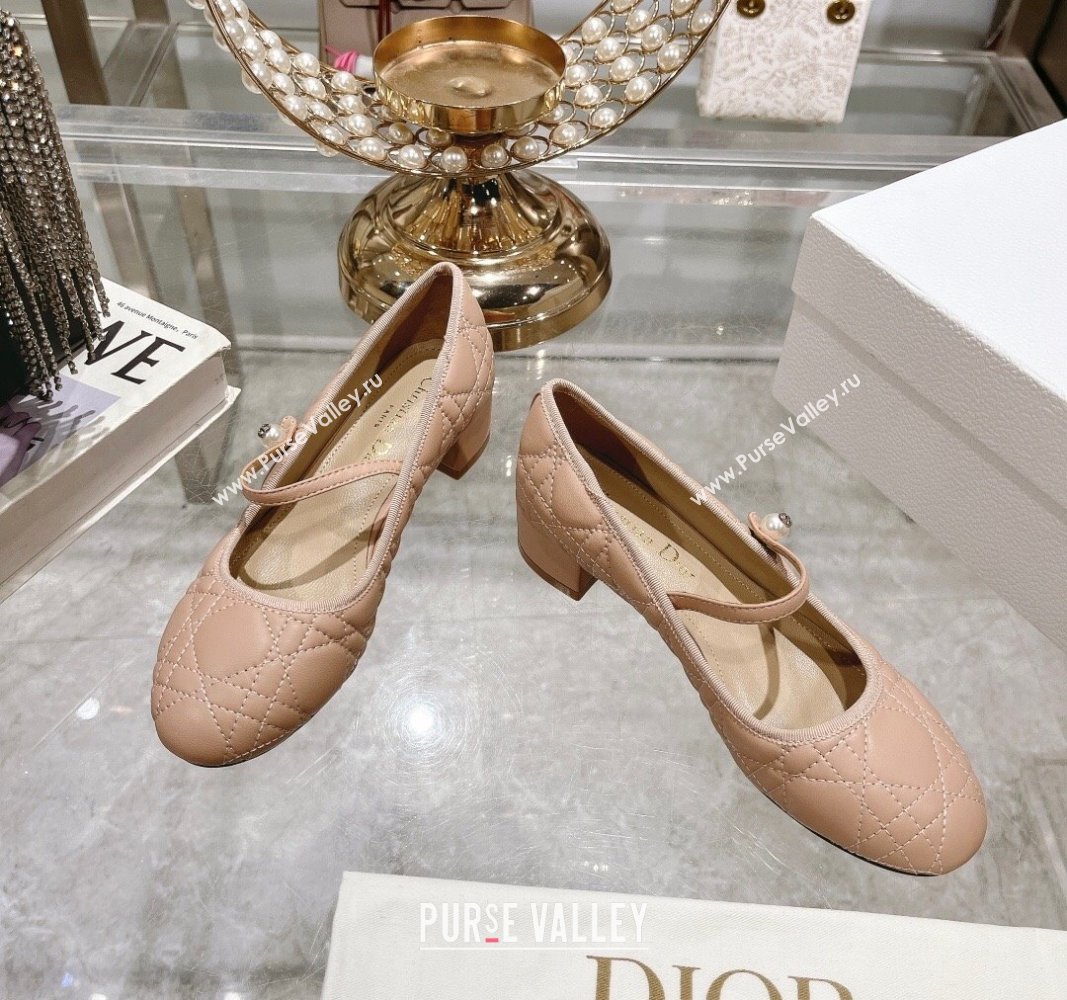 Dior Mary Janes Ballet Pumps 5cm in Quilted Cannage Calfskin with Pearl Rose Beige 2024 0814 (MD-240814049)