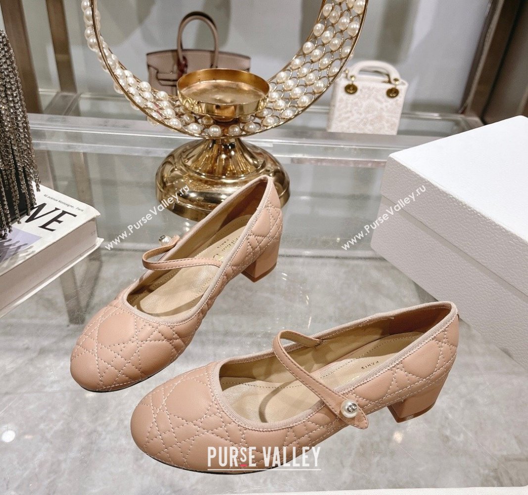 Dior Mary Janes Ballet Pumps 5cm in Quilted Cannage Calfskin with Pearl Rose Beige 2024 0814 (MD-240814049)