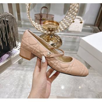 Dior Mary Janes Ballet Pumps 5cm in Quilted Cannage Calfskin with Pearl Rose Beige 2024 0814 (MD-240814049)