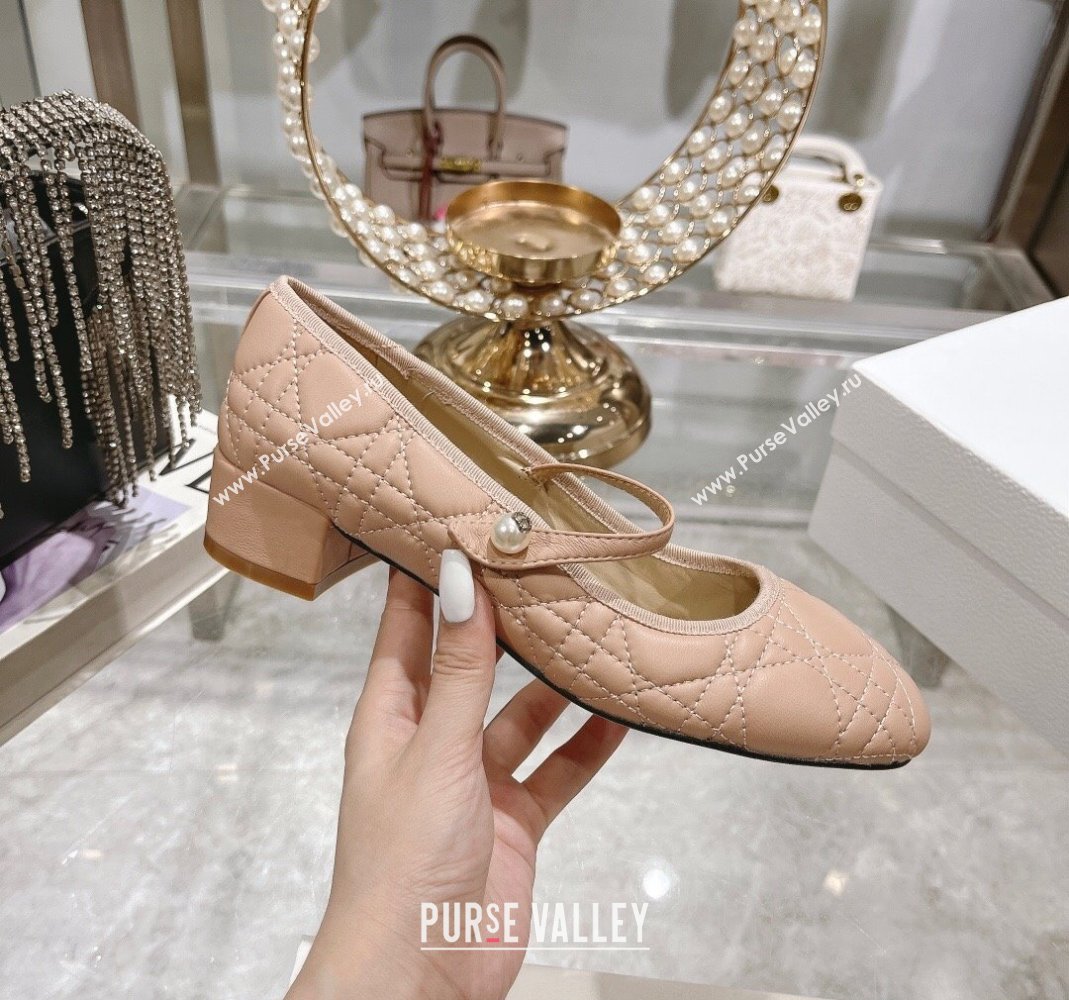 Dior Mary Janes Ballet Pumps 5cm in Quilted Cannage Calfskin with Pearl Rose Beige 2024 0814 (MD-240814049)