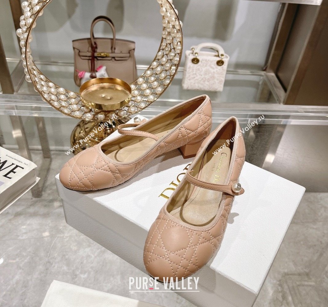 Dior Mary Janes Ballet Pumps 5cm in Quilted Cannage Calfskin with Pearl Rose Beige 2024 0814 (MD-240814049)