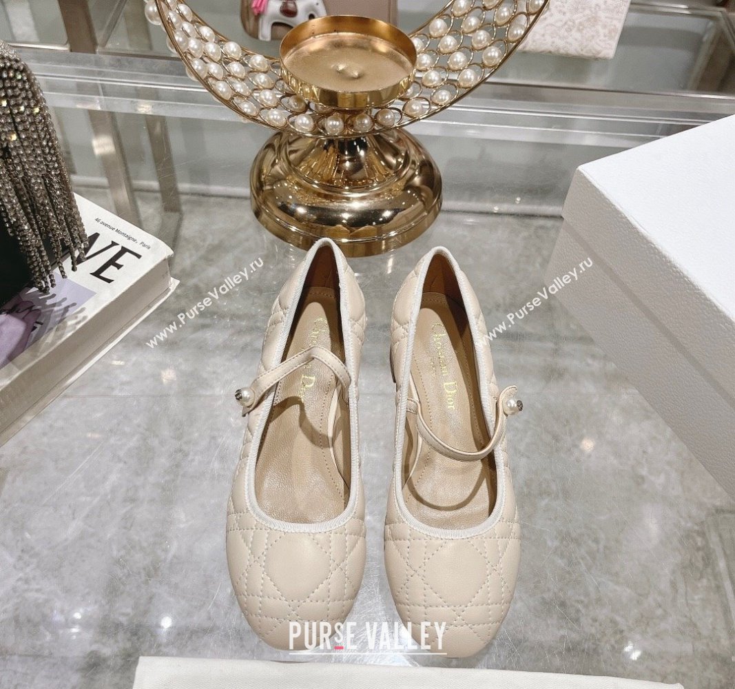 Dior Mary Janes Ballet Pumps 5cm in Quilted Cannage Calfskin with Pearl Light Beige 2024 0814 (MD-240814050)