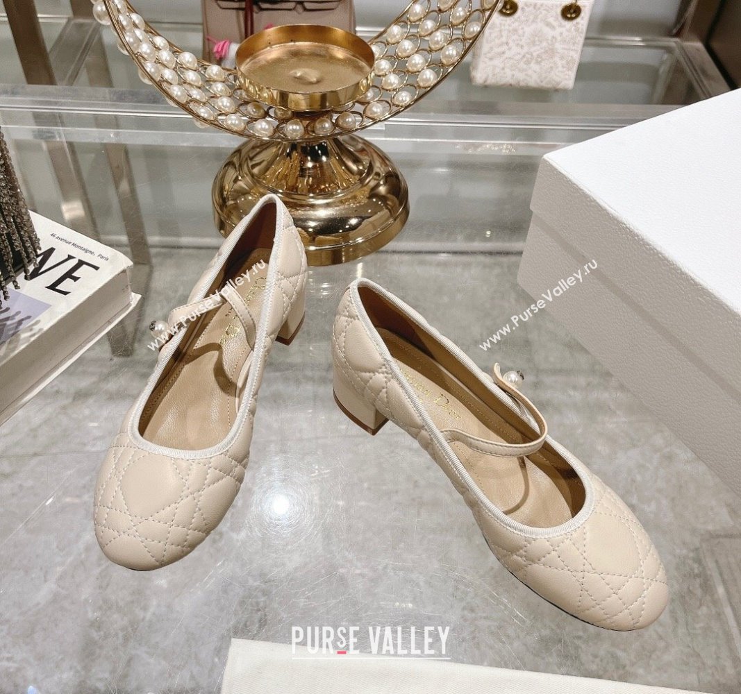 Dior Mary Janes Ballet Pumps 5cm in Quilted Cannage Calfskin with Pearl Light Beige 2024 0814 (MD-240814050)