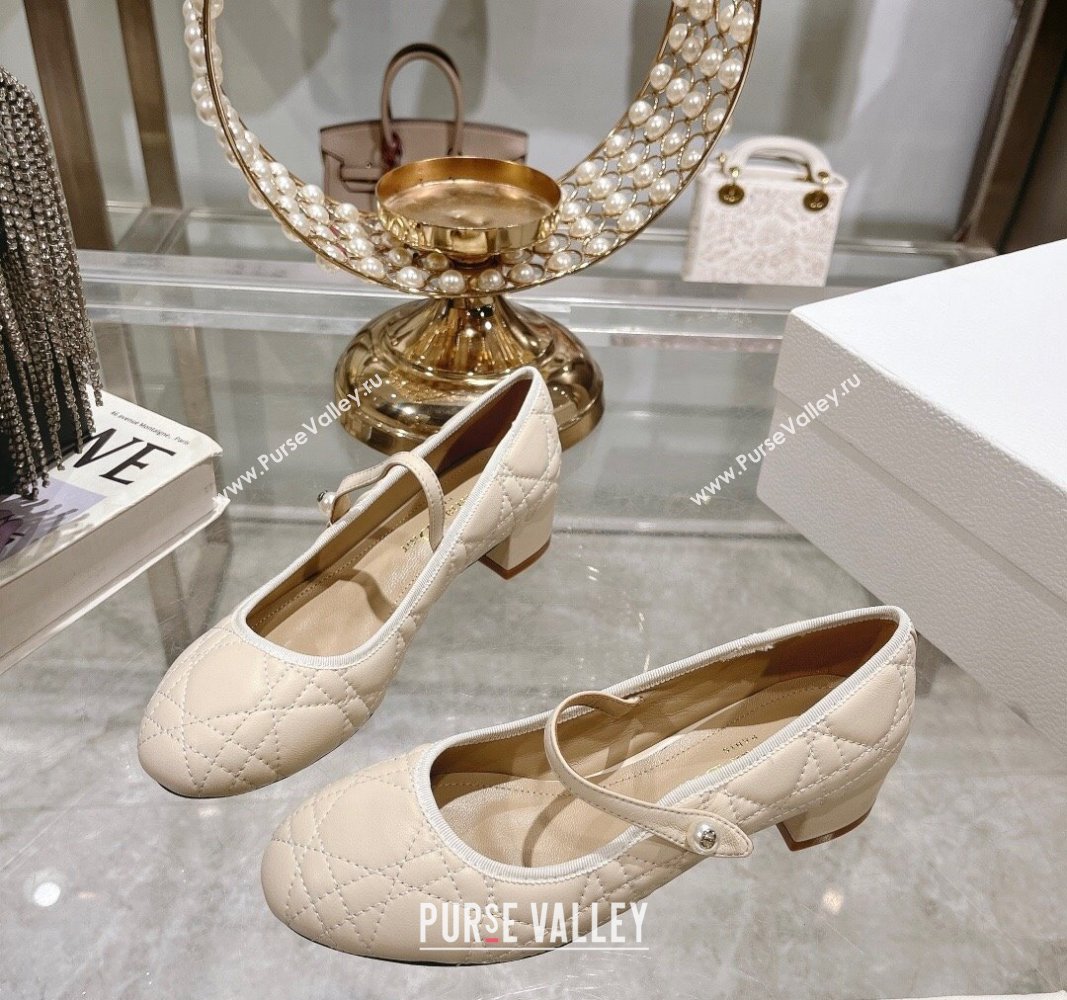 Dior Mary Janes Ballet Pumps 5cm in Quilted Cannage Calfskin with Pearl Light Beige 2024 0814 (MD-240814050)