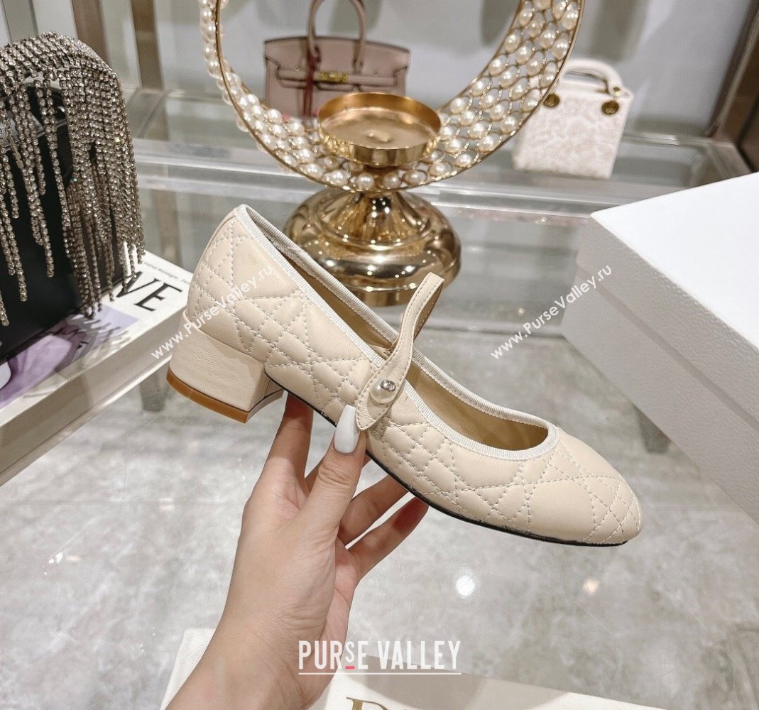 Dior Mary Janes Ballet Pumps 5cm in Quilted Cannage Calfskin with Pearl Light Beige 2024 0814 (MD-240814050)