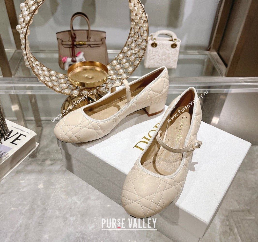 Dior Mary Janes Ballet Pumps 5cm in Quilted Cannage Calfskin with Pearl Light Beige 2024 0814 (MD-240814050)