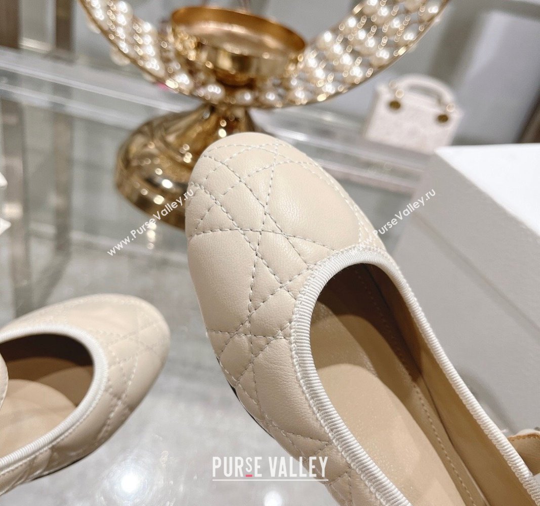 Dior Mary Janes Ballet Pumps 5cm in Quilted Cannage Calfskin with Pearl Light Beige 2024 0814 (MD-240814050)