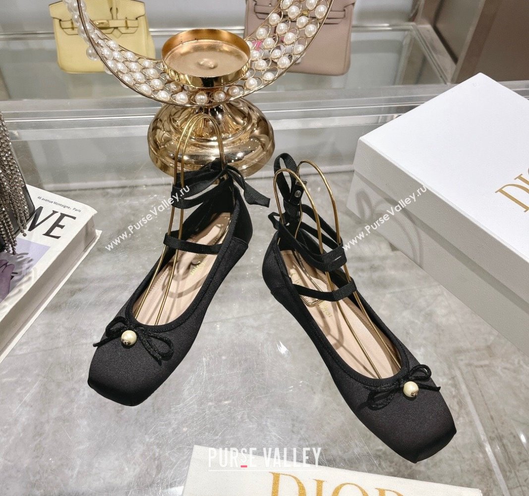 Dior D-Joy Ballet Flats in Satin and Grosgrain with Lace-up Black 2024 (MD-240814051)