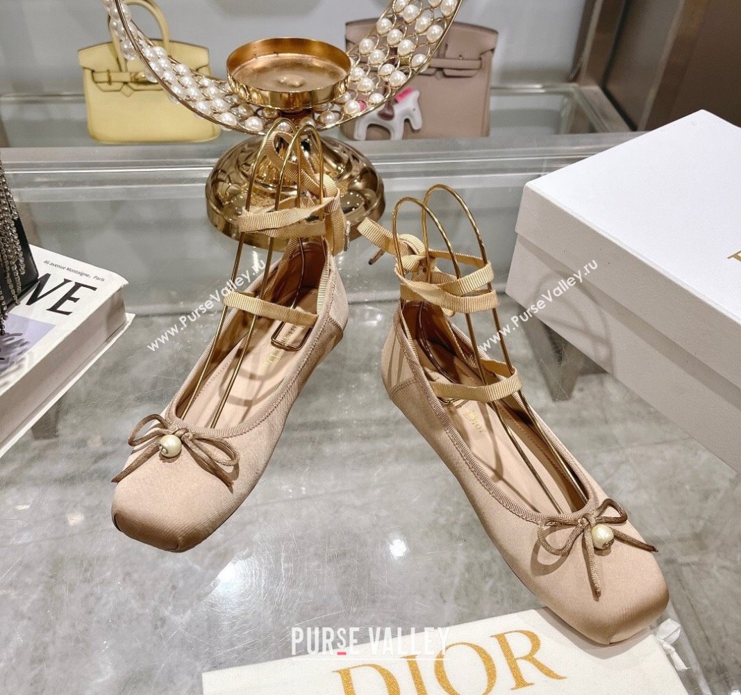 Dior D-Joy Ballet Flats in Satin and Grosgrain with Lace-up Beige 2024 (MD-240814052)