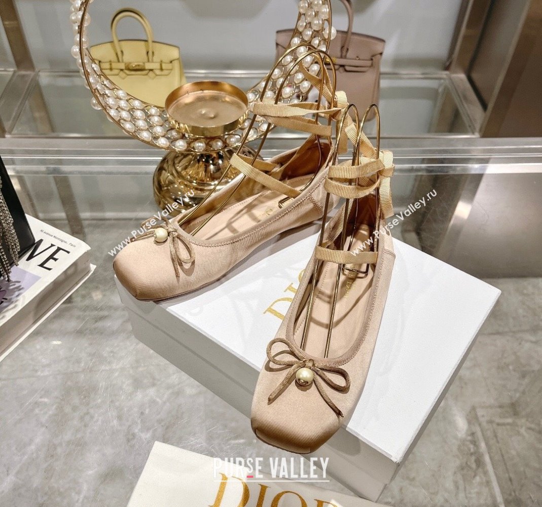 Dior D-Joy Ballet Flats in Satin and Grosgrain with Lace-up Beige 2024 (MD-240814052)