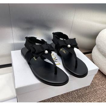 Dior Adiorable Flat Thong Sandals in Fringed Grosgrain Fabric with Pearl Bow Black 2024 0814 (MD-240814053)