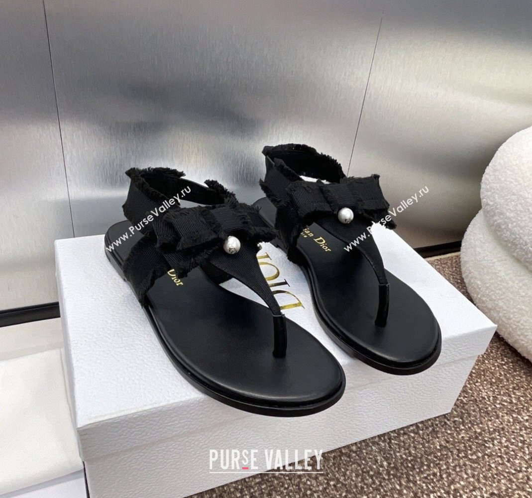 Dior Adiorable Flat Thong Sandals in Fringed Grosgrain Fabric with Pearl Bow Black 2024 0814 (MD-240814053)