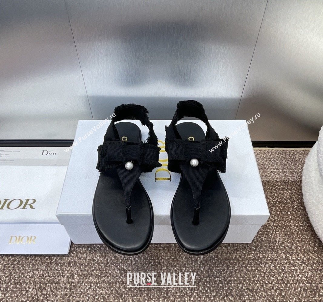 Dior Adiorable Flat Thong Sandals in Fringed Grosgrain Fabric with Pearl Bow Black 2024 0814 (MD-240814053)