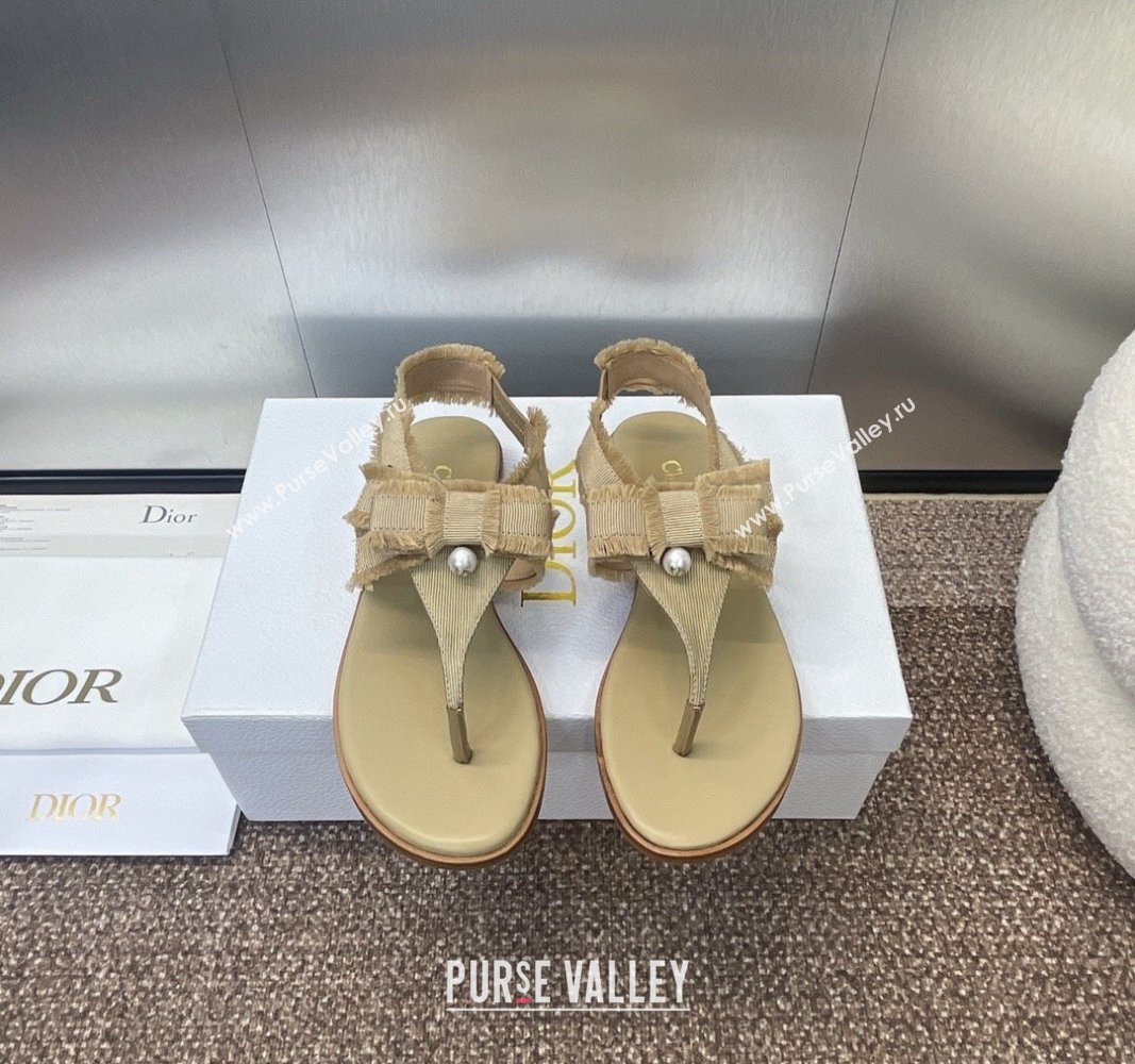 Dior Adiorable Flat Thong Sandals in Fringed Grosgrain Fabric with Pearl Bow Beige 2024 0814 (MD-240814054)