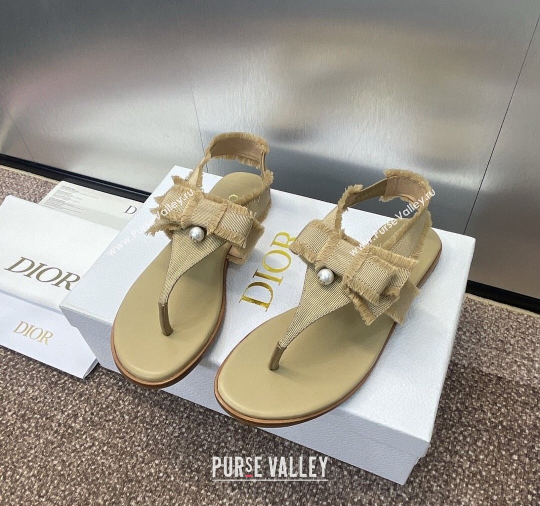 Dior Adiorable Flat Thong Sandals in Fringed Grosgrain Fabric with Pearl Bow Beige 2024 0814 (MD-240814054)