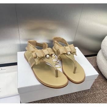 Dior Adiorable Flat Thong Sandals in Fringed Grosgrain Fabric with Pearl Bow Beige 2024 0814 (MD-240814054)