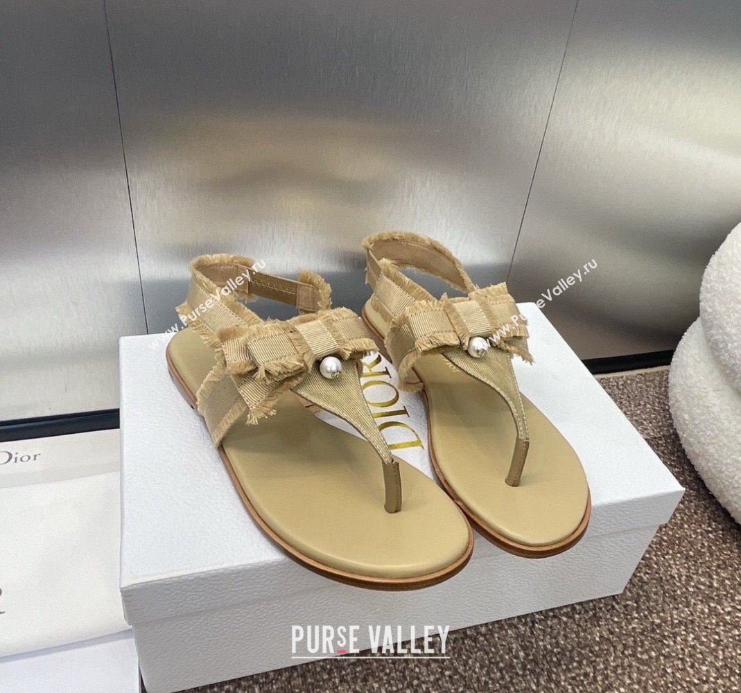 Dior Adiorable Flat Thong Sandals in Fringed Grosgrain Fabric with Pearl Bow Beige 2024 0814 (MD-240814054)