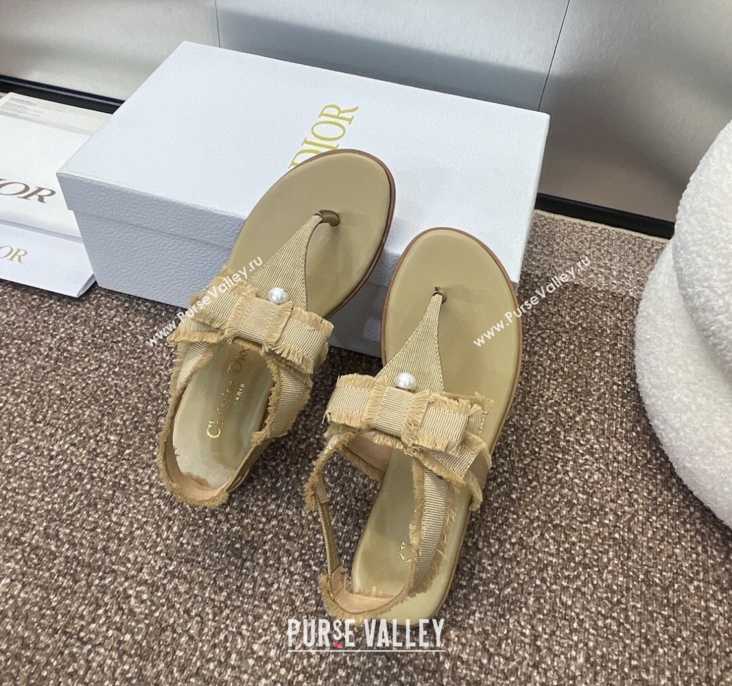 Dior Adiorable Flat Thong Sandals in Fringed Grosgrain Fabric with Pearl Bow Beige 2024 0814 (MD-240814054)