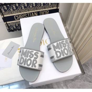 Dior Dway Flat Slides Sandal in Embroidered Cotton and Miss Dior Motif Grey 2024 No.194 (MD-240814015)