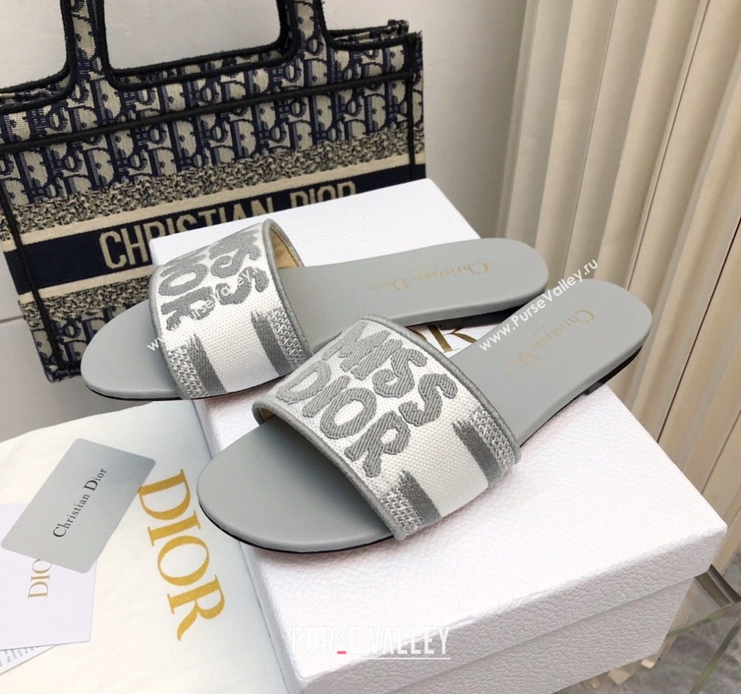 Dior Dway Flat Slides Sandal in Embroidered Cotton and Miss Dior Motif Grey 2024 No.194 (MD-240814015)