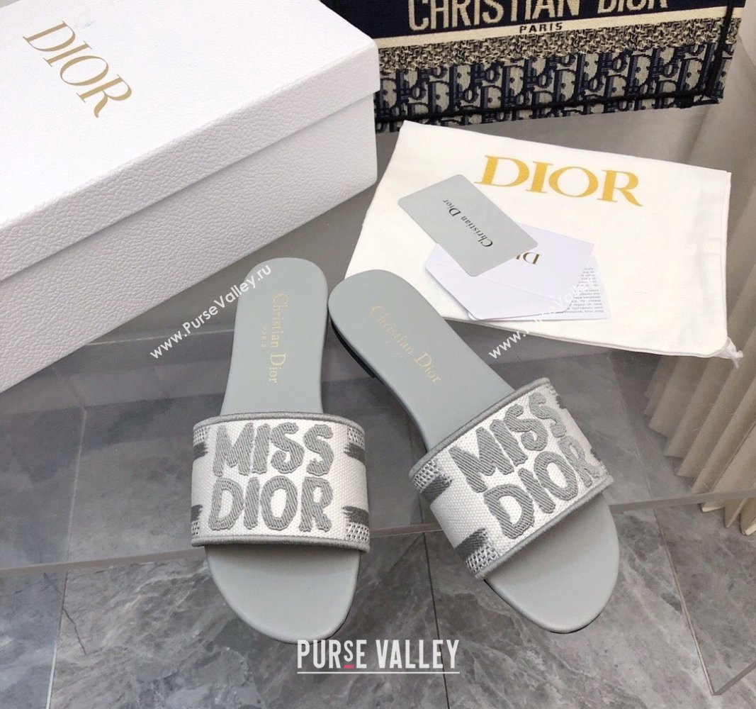 Dior Dway Flat Slides Sandal in Embroidered Cotton and Miss Dior Motif Grey 2024 No.194 (MD-240814015)